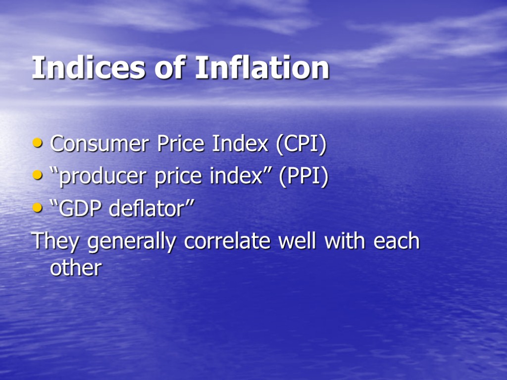 Indices of Inflation Consumer Price Index (CPI) “producer price index” (PPI) “GDP deﬂator” They